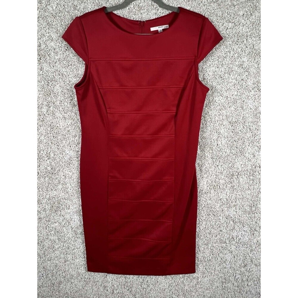 Studio One New York Red Sheath Dress Pleated Zip Size 12 Knee Length